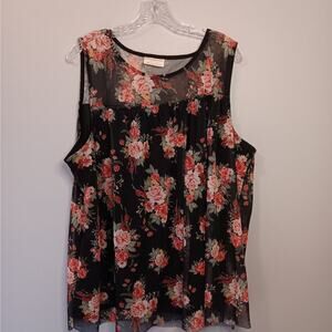 EUC Bobbie Brooks Size 3X Black With Roses Overlay Sleeveless Top Feminine